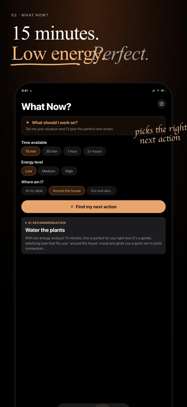 Sukima's What now feature picking one task to do next